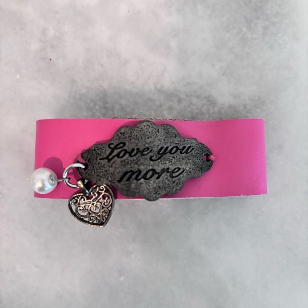 NWOT Etsy Love You More Leather Strap Heart & Faux Pearl Cuff Bracelet Pink OS
